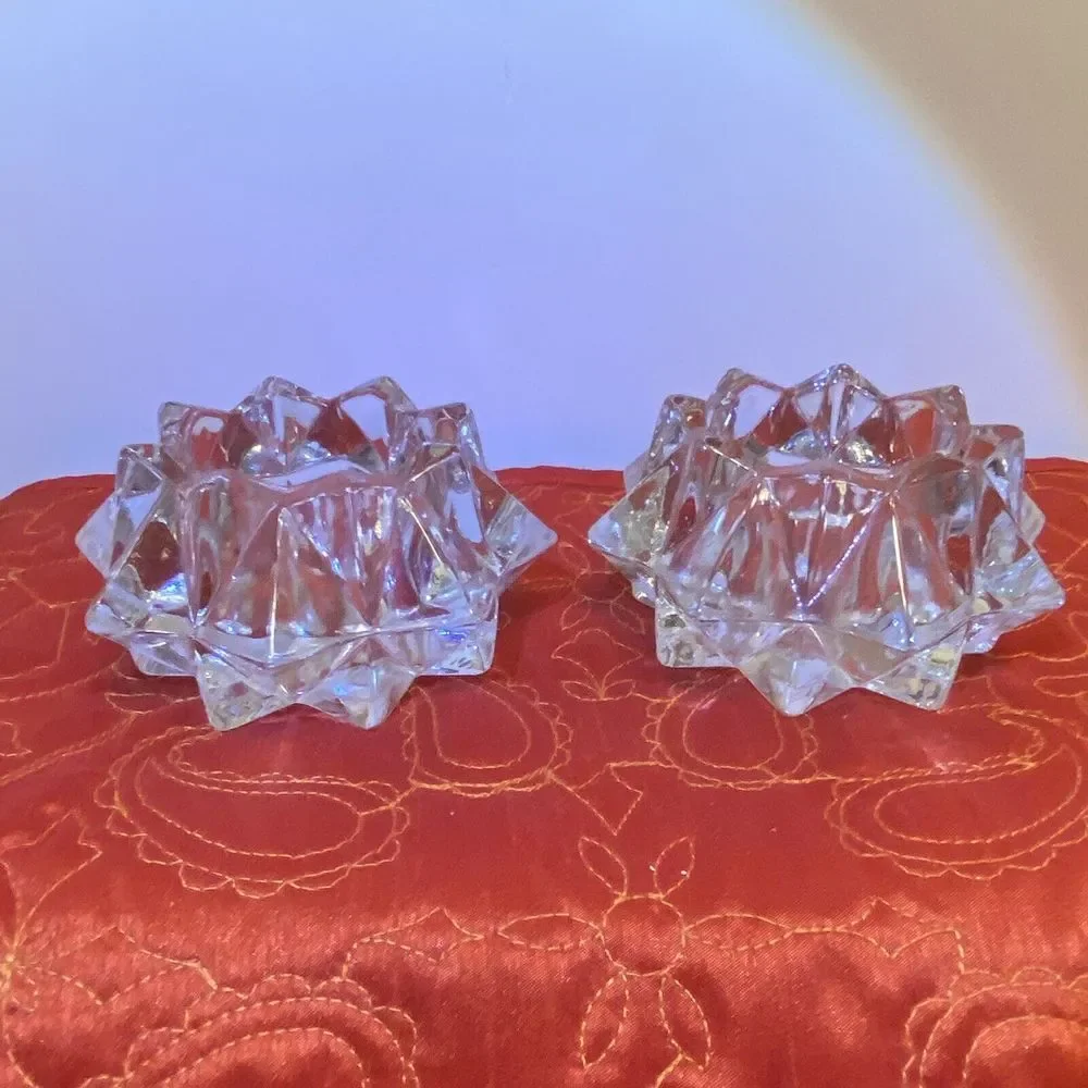 Glamorous Pair‎ Lead Crystal Starburst Votive Candle Holders Glass Clear Modern